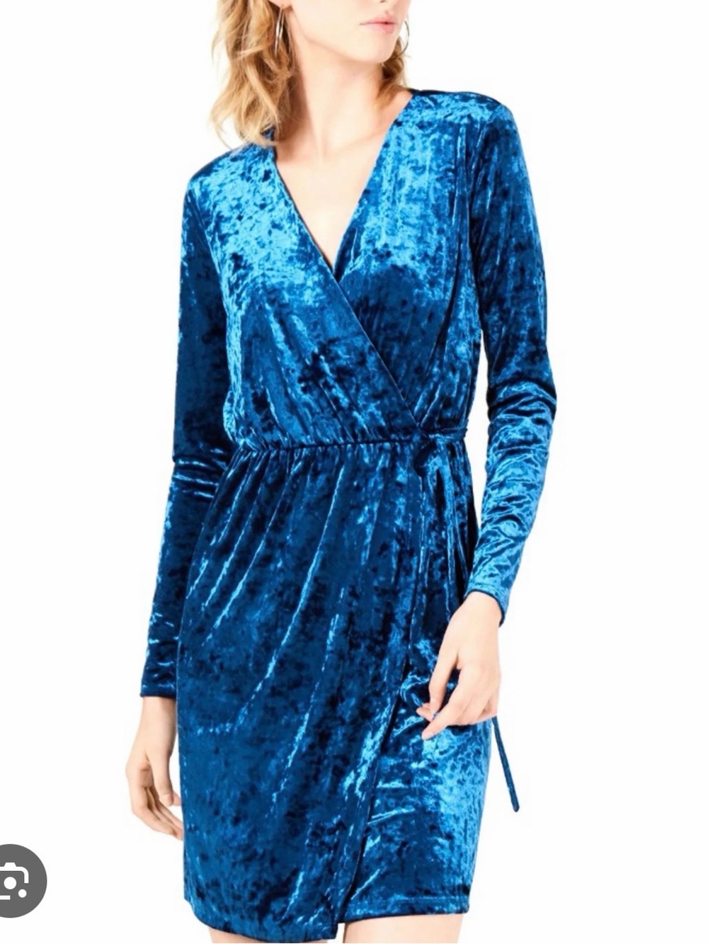Bar III Teal Blue Crushed Velvet Wrap Dress